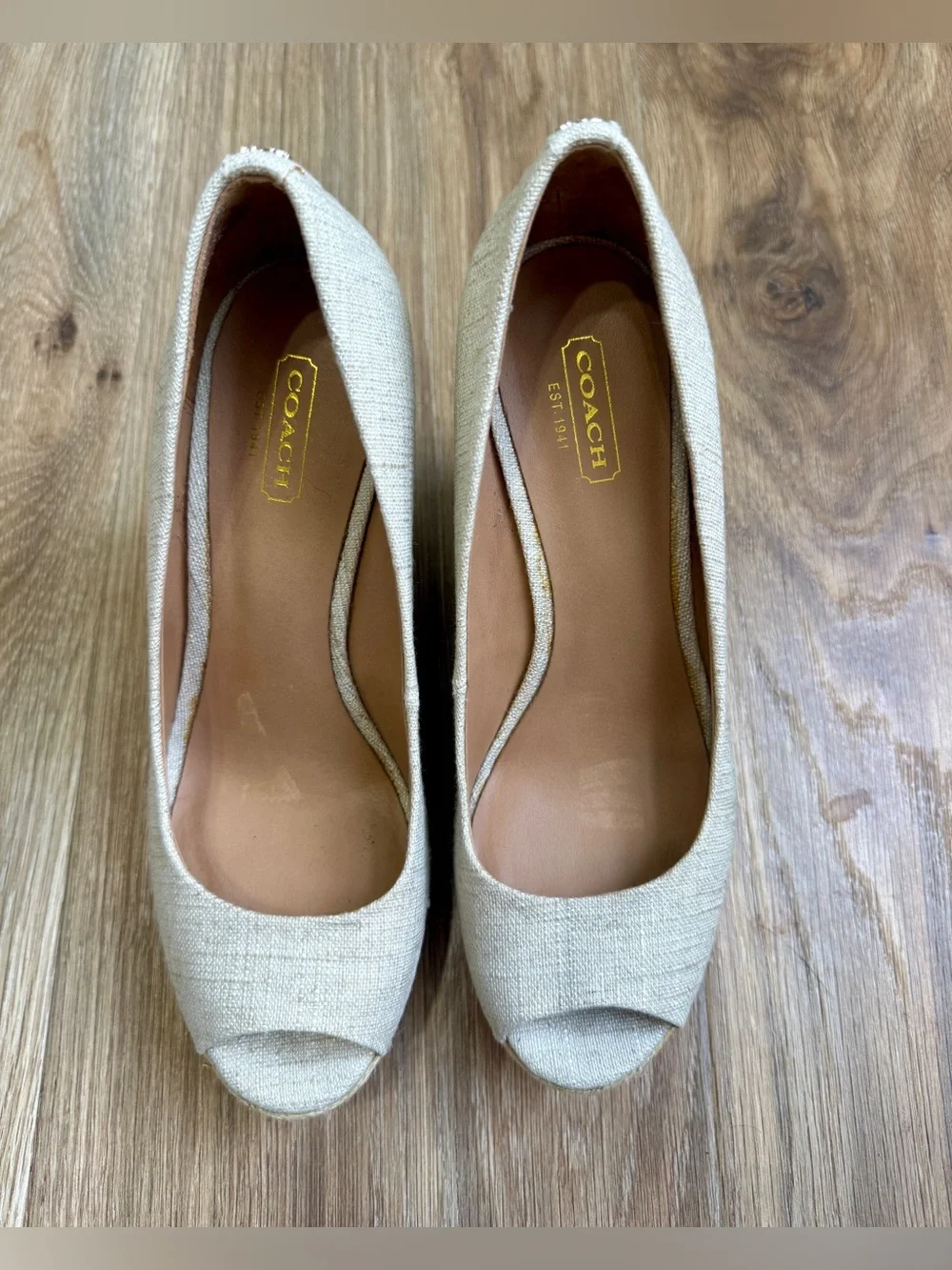 Coach Milan Espadrille Wedge Peep Toe Pumps Natural Linen Canvas Size 7.5B